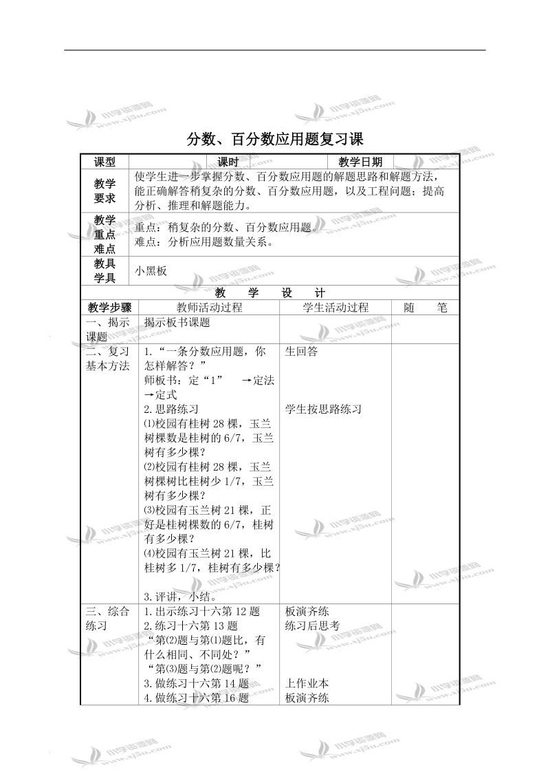 （苏教版）六年级数学下册教案 分数、百分数应用题复习课.doc_第1页