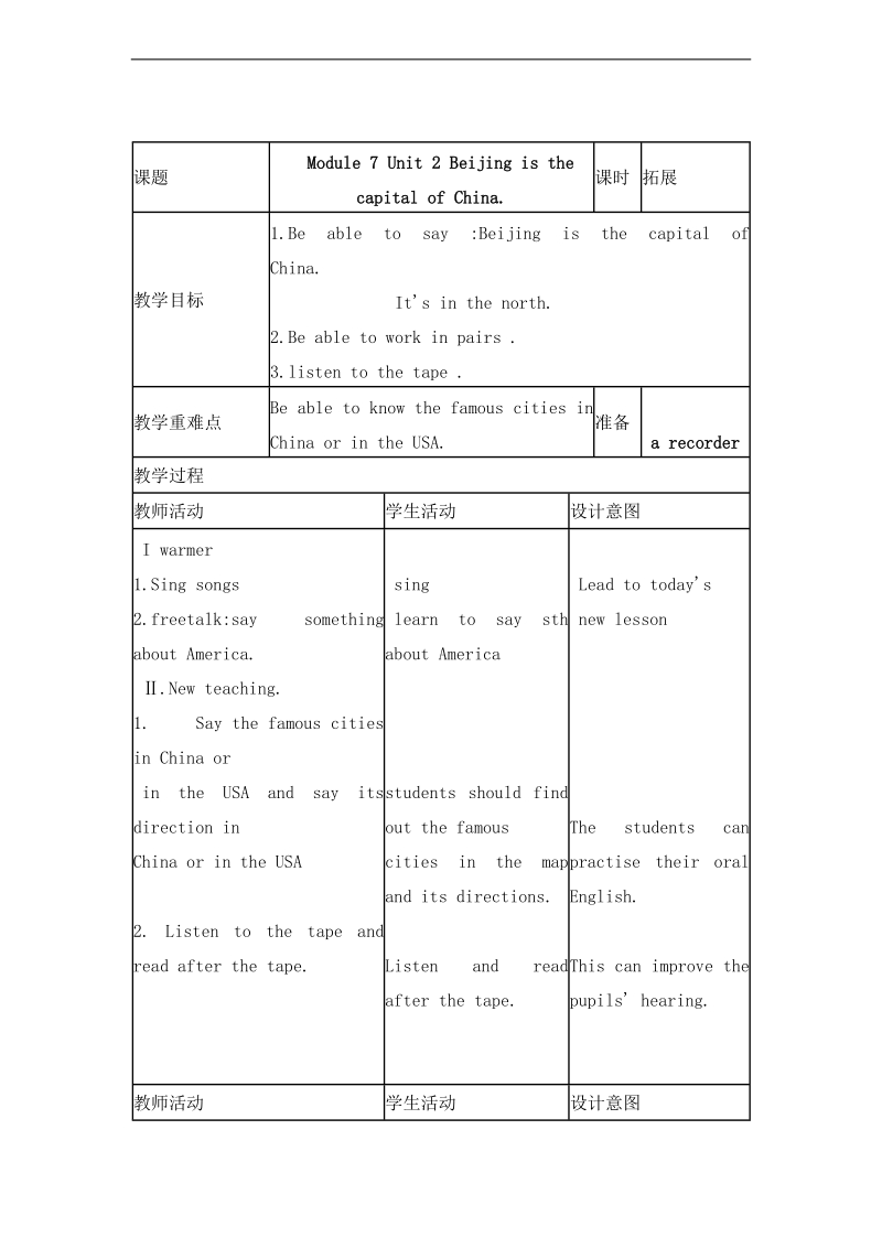 （外研版 三起）四年级英语下册 m7 unit 2 beijing is the capital of china 教案.doc_第1页