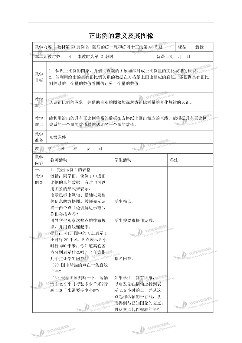 （苏教版）六年级数学下册教案 正比例的意义及其图像.doc_第1页