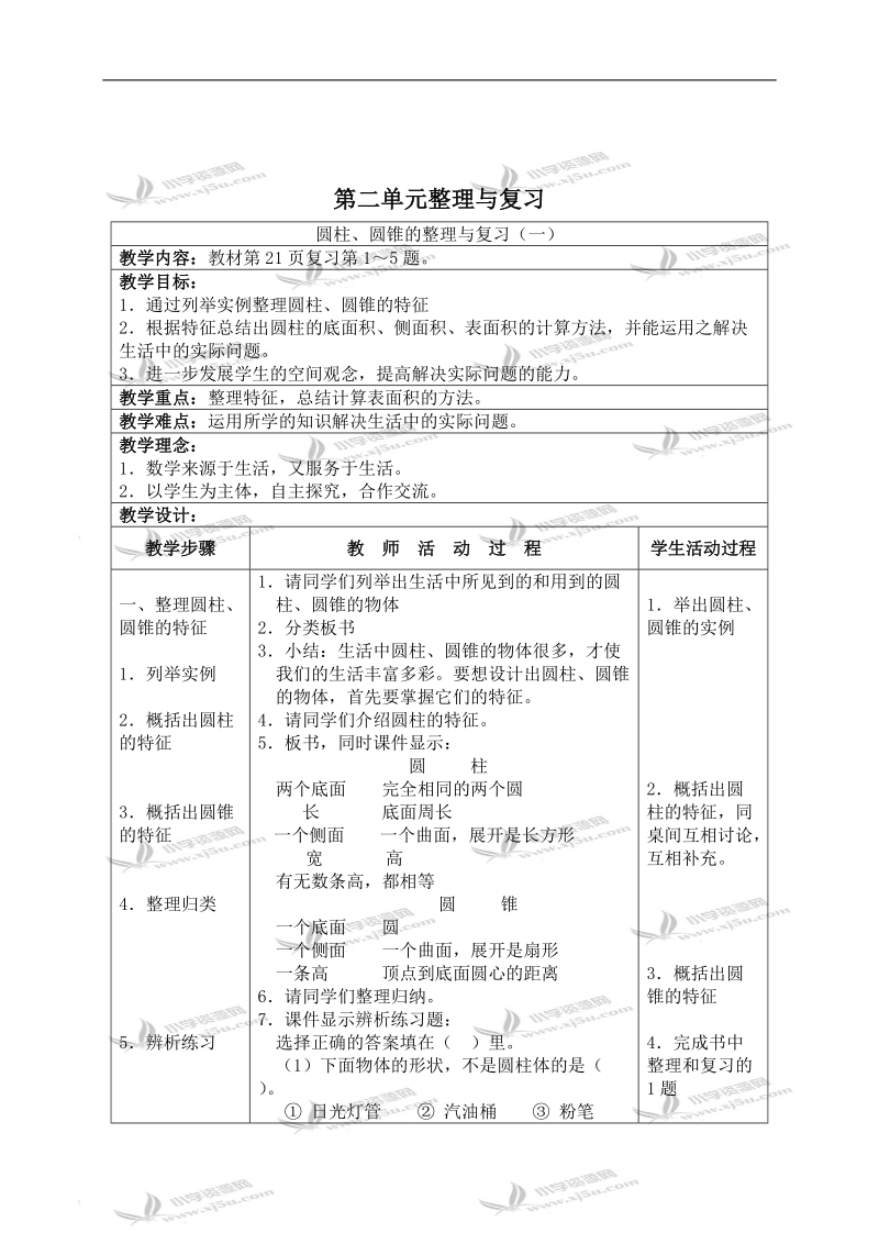 （苏教版）六年级数学下册教案 第二单元整理与复习（一）.doc_第1页