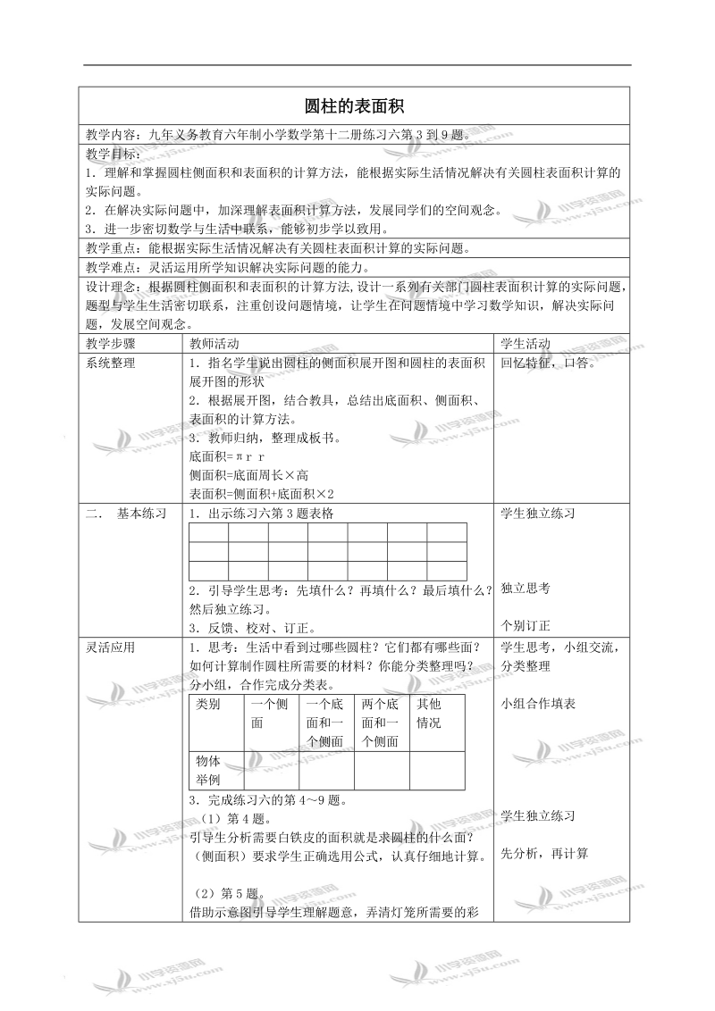 （苏教版）六年级数学下册教案 圆柱的表面积 7.doc_第1页