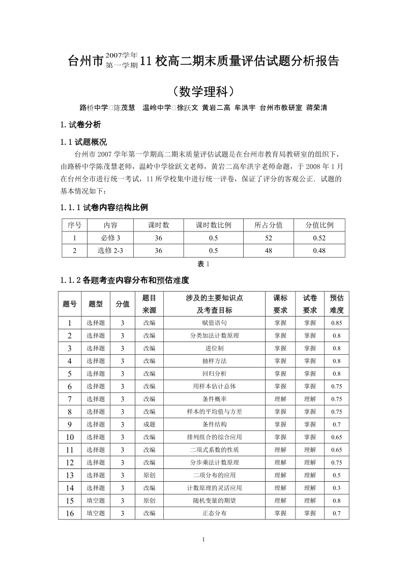 台州市11校高二期末质量评估试题分析报告.doc_第1页