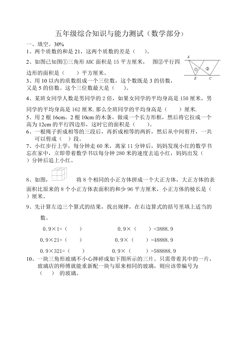 五年级综合知识与能力测试(数学部分).doc_第1页