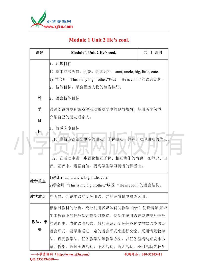 2016 外研版（三起）四年级英语下册 module 1 unit 2 he’s cool 教案.doc_第1页