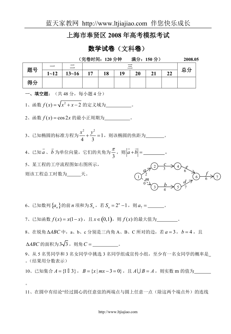 上海市奉贤区2008年高考模拟考试数学试题(文科卷)2008.05.doc_第1页