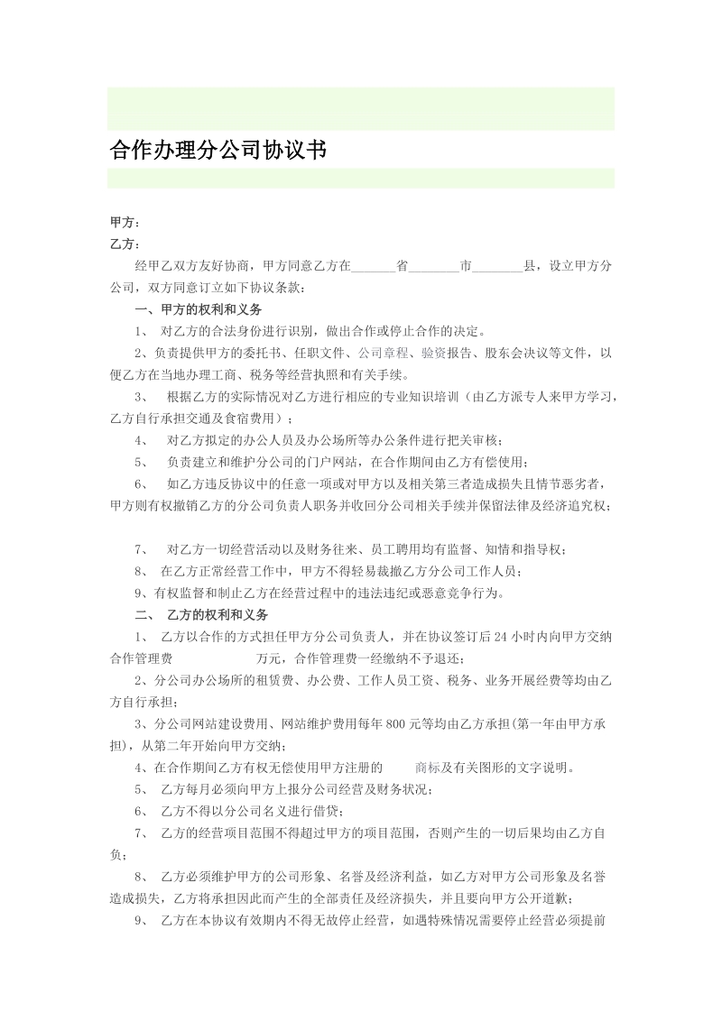 协作解决分公司协定书[精品].doc_第1页