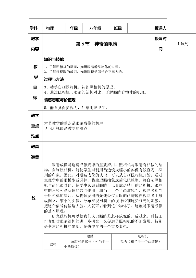 2015-2016年八年级物理上册教案：4.6《神奇的眼睛》(教科版).doc_第1页