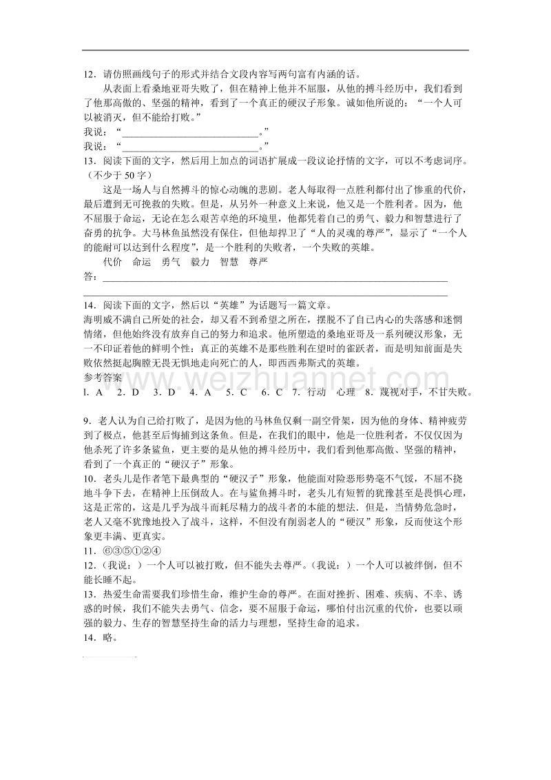 《老人与海》能力提高题（人教新课标版）.doc_第3页