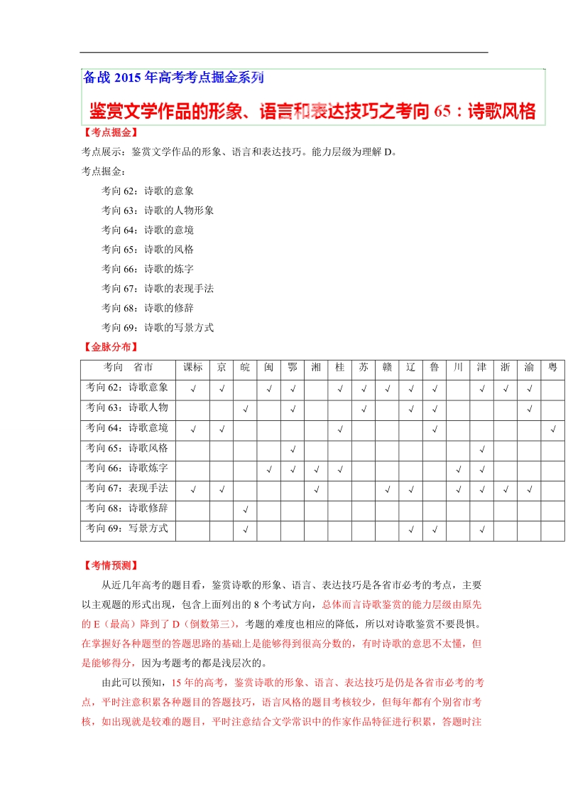 2015年高考语文考点总动员专题65 鉴赏文学作品的形象、语言和表达技巧之语言风格（原卷版）.doc_第1页