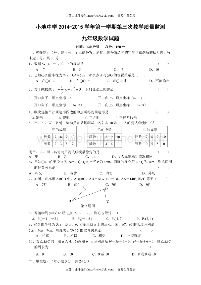 小池中学2015初三第三次月考数学试题及答案.doc_第1页