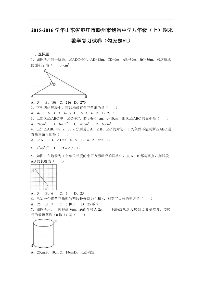 【解析版】山东省枣庄市滕州市鲍沟中学2015-2016年八年级（上）期末数学复习试卷（勾股定理）.doc_第1页