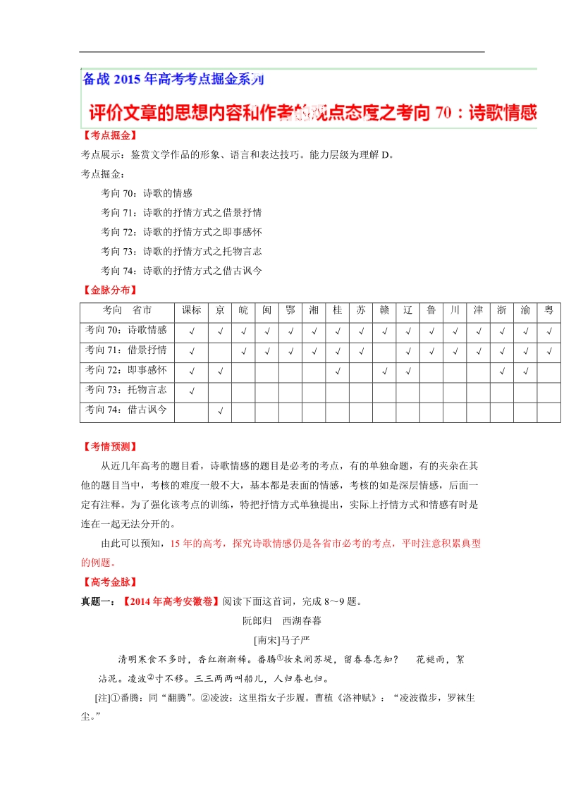 2015年高考语文考点总动员专题70 评价文章的思想内容和作者的观点态度之诗歌情感（解析版）.doc_第1页