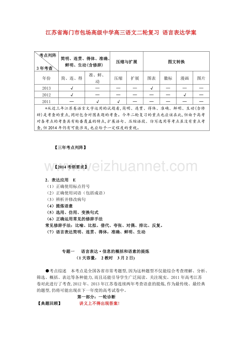 江苏省海门市包场高级中学高三语文二轮复习 语言表达学案.doc_第1页