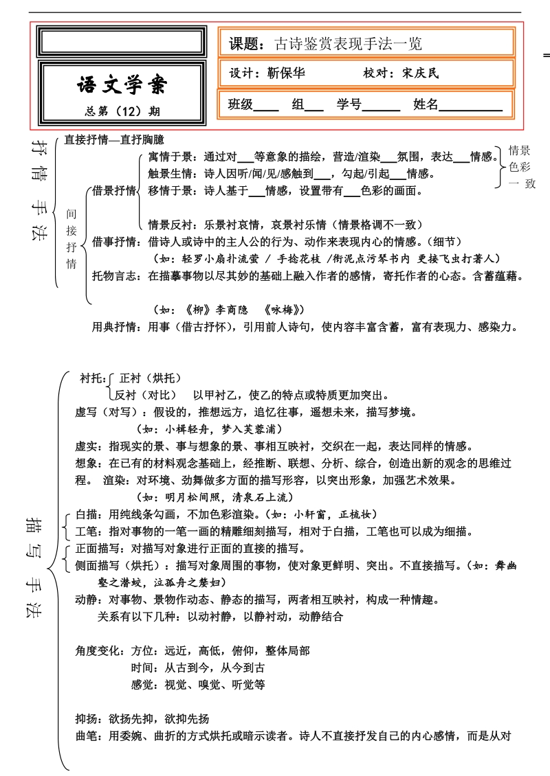 河北省武邑县2016届高三语文一轮复习12古诗鉴赏手法一览表学案.doc_第1页