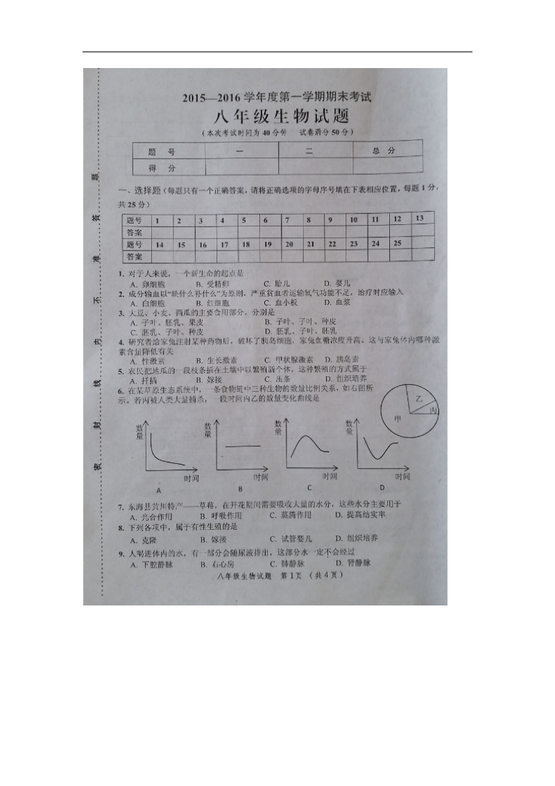 江苏省连云港市东海县2015-2016年八年级上学期期末考试生物试题（图片版）.doc_第1页