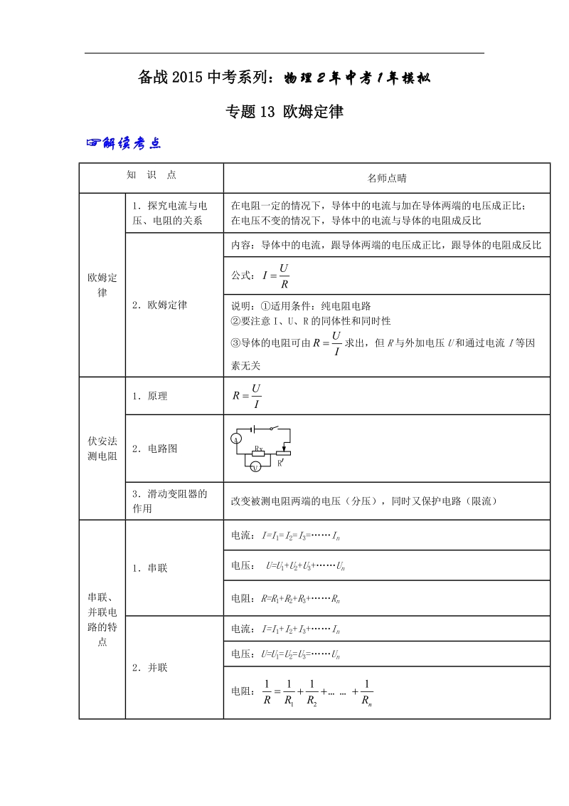 2年中考1年模拟备战2015年中考物理精品系列：专题13 欧姆定律.doc_第1页