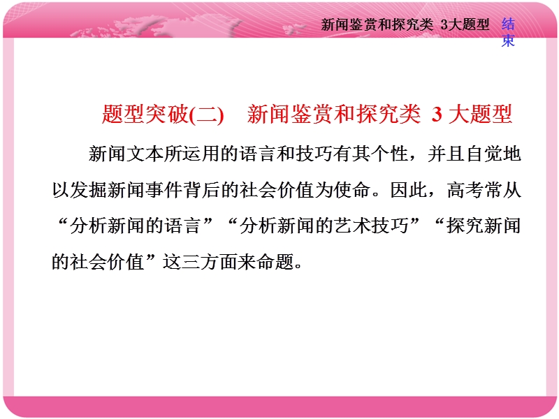 2018届高三语文高考总复习课件：专题十一 实用类文本阅读（一） 新闻 题型突破（二）　新闻鉴赏和探究类 3大题型.ppt_第1页