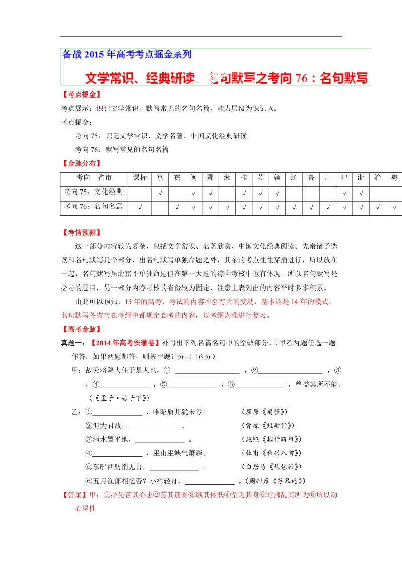 2015届高考语文考点掘金：考向76 文学常识、经典研读、名句默写之名句默写.doc_第1页