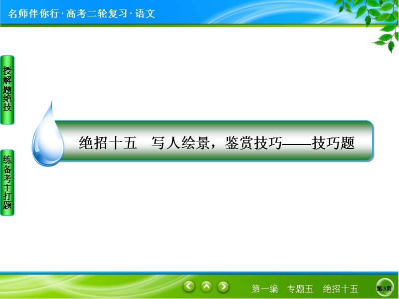 【名师伴你行】2017届高考语文二轮复习（通用版）知识专题突破课件：专题五　文学类文本阅读绝招15写人绘景，鉴赏技巧——技巧题.ppt_第3页