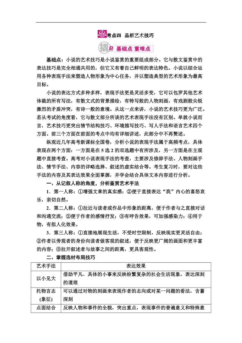 【金版优课】2017届高考语文一轮复习教学案：专题十二第一讲考点四　品析艺术技巧 word版含解析.doc_第1页