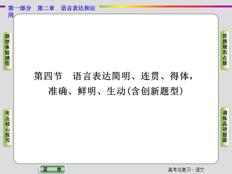 【导学教程】2015届高考语文总复习“语言文字运用”配套课件：语言表达简明、连贯、得体，准确、鲜明、生动(含创新题型).ppt_第1页