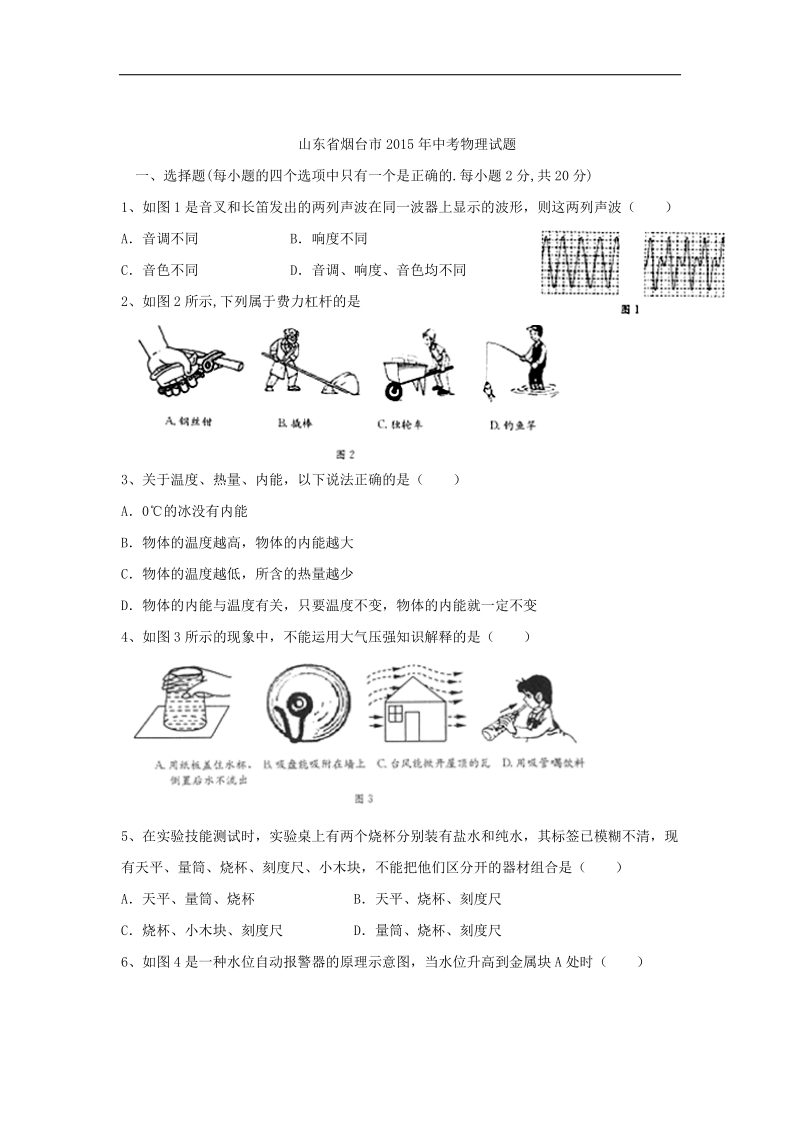 2015年中考试卷：物理（山东省烟台卷）.doc_第1页