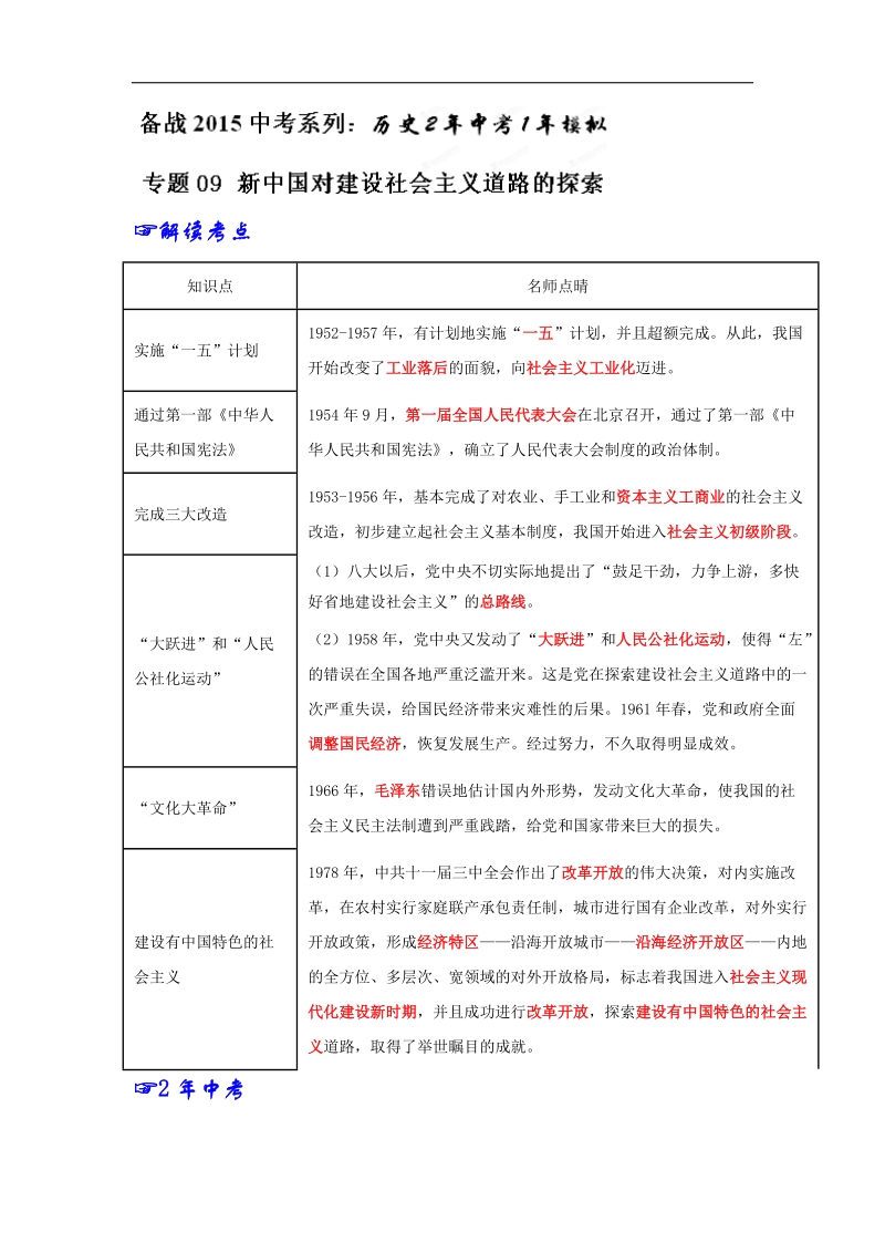 专题09 新中国对建设社 会 主 义道路的探索-2年中考1年模拟备战2015年中考历史精品系列.doc_第1页