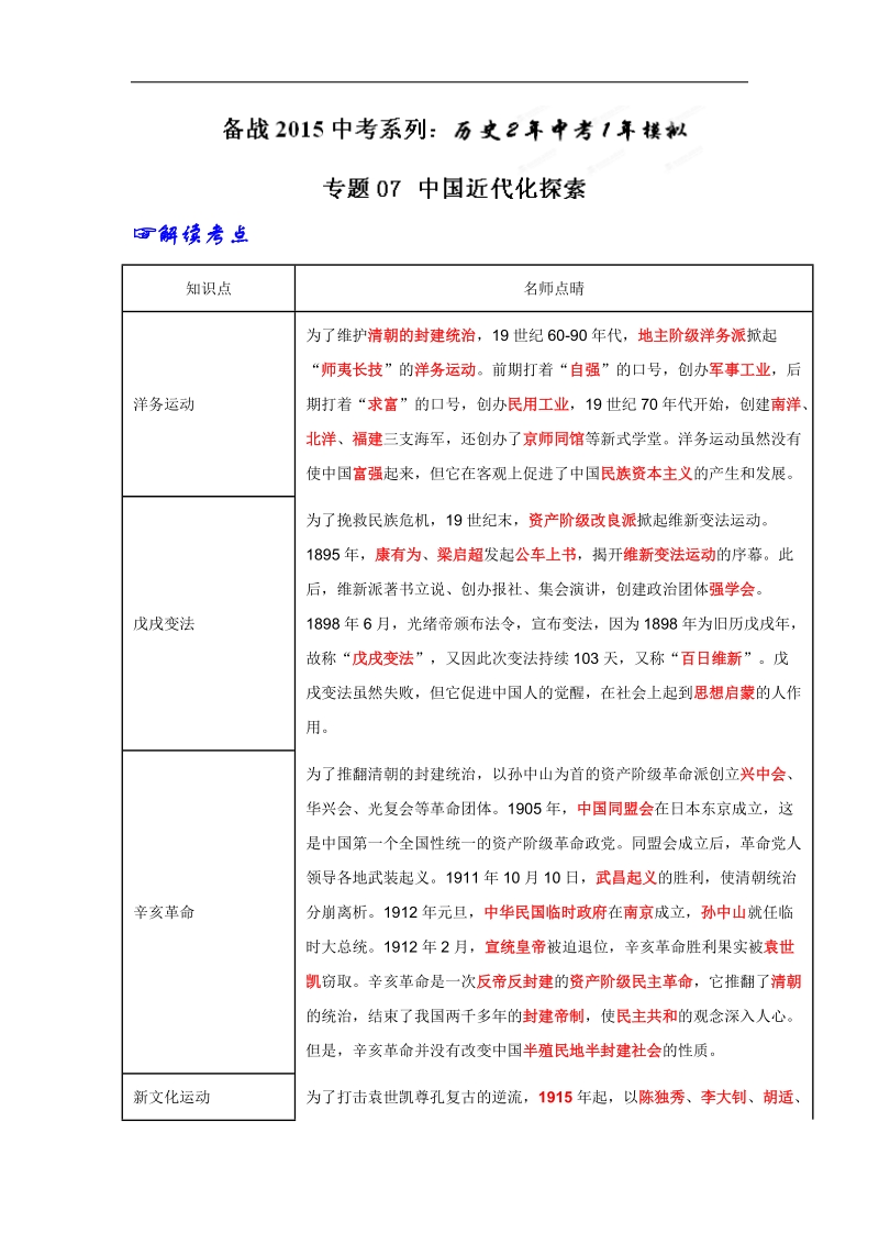 专题07 中国近代化的探索-2年中考1年模拟备战2015年中考历史精品系列.doc_第1页