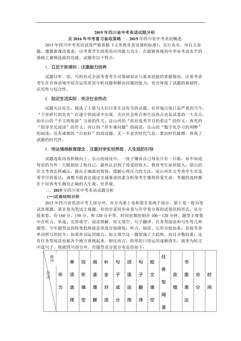 2015年四川中考英语试题分析及2016年中考复习备战策略.doc_第1页