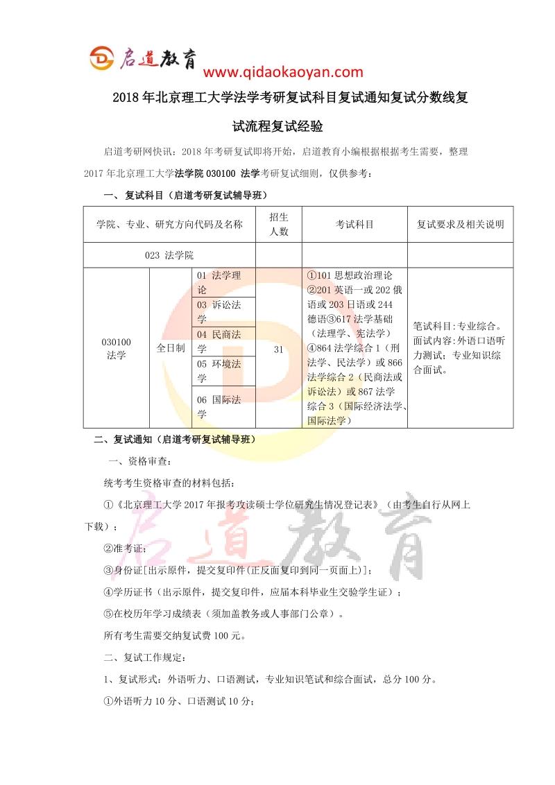 2018年北京理工大学法学考研复试科目复试通知复试分数线复试流程复试经验.docx_第1页