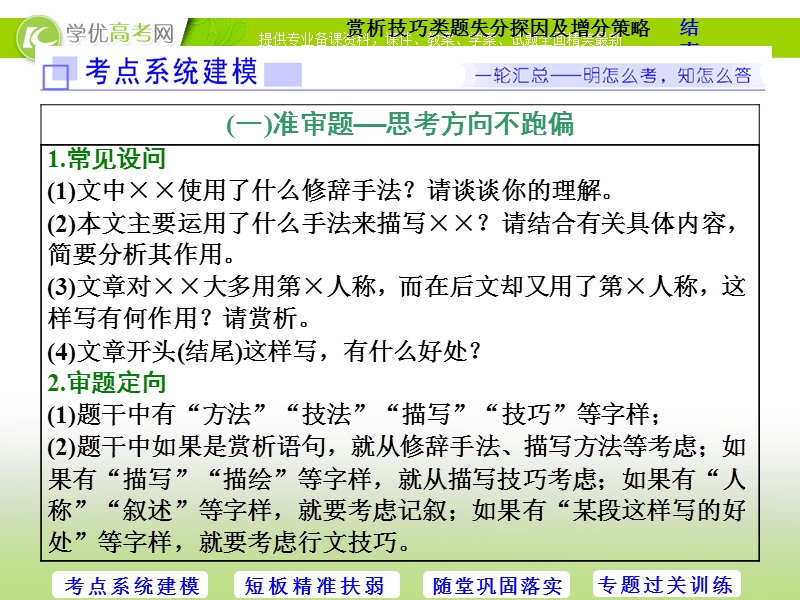 2018年高三毕业班语文人教版寒假二轮复习 课件：专题四 轮考散文阅读 第3讲　赏析技巧类题失分探因及增分策略 .ppt_第2页