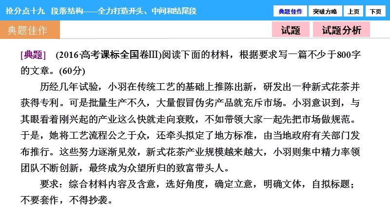 【优化探究】2017届高三语文高考二轮复习（书讲解课件）：第一部分  专题七  抢分点十九　段落结构——全力打造开头、中间和结尾段.ppt_第2页