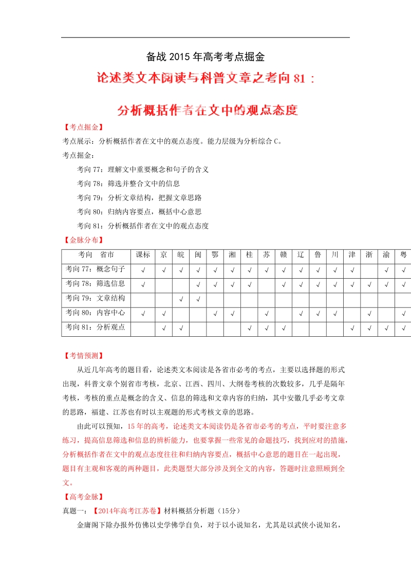 2015届高考语文考点掘金：考向81 分析概括作者在文中的观点态度.doc_第1页