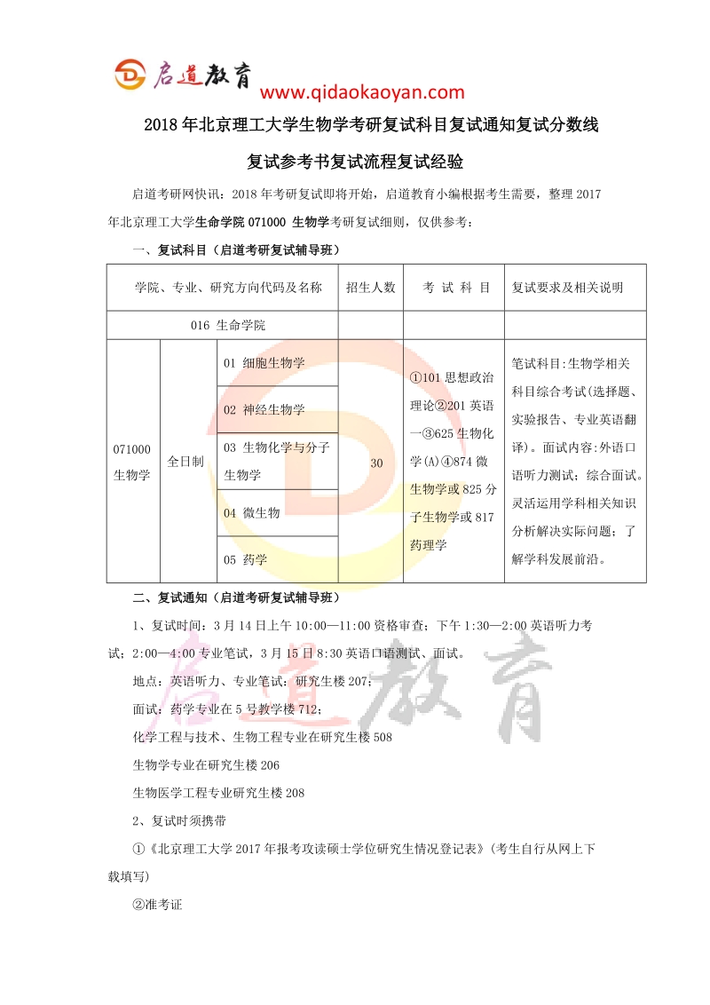 2018年北京理工大学生物学考研复试科目复试通知复试分数线复试参考书复试流程复试经验.docx_第1页