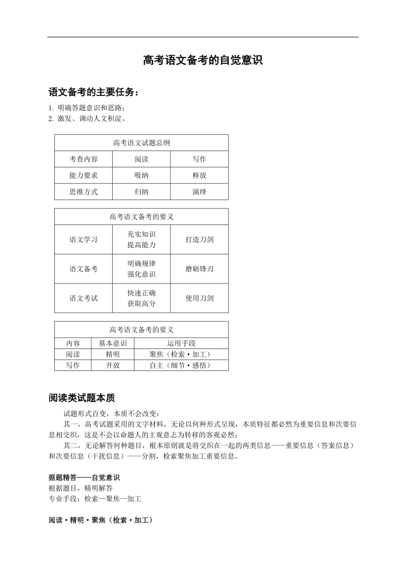 【备考专题】高考语文专题精讲与新题赏析：专题 高考语文备考的自觉意识-讲义.doc_第1页