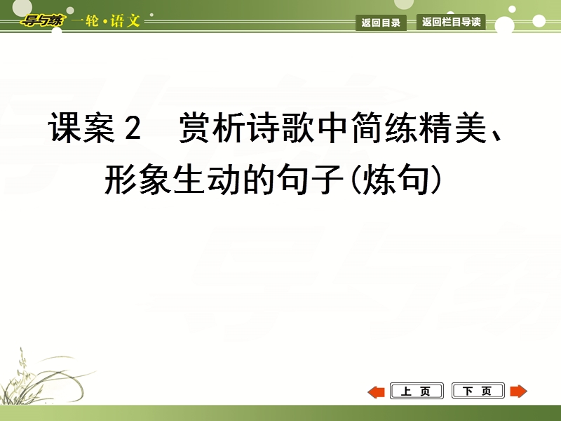 福建省长泰县第二中学高三语文一轮复习配套课件 第一部分 古代诗文阅读 专题三 古代诗歌鉴赏 课案2 赏析诗歌中简练精美、形象生动的句子(炼句).ppt_第1页