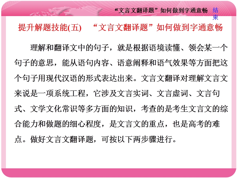 2018届高三语文高考总复习课件：专题七 文言文阅读 提升解题技能（五）　“文言文翻译题”如何做到字通意畅.ppt_第1页