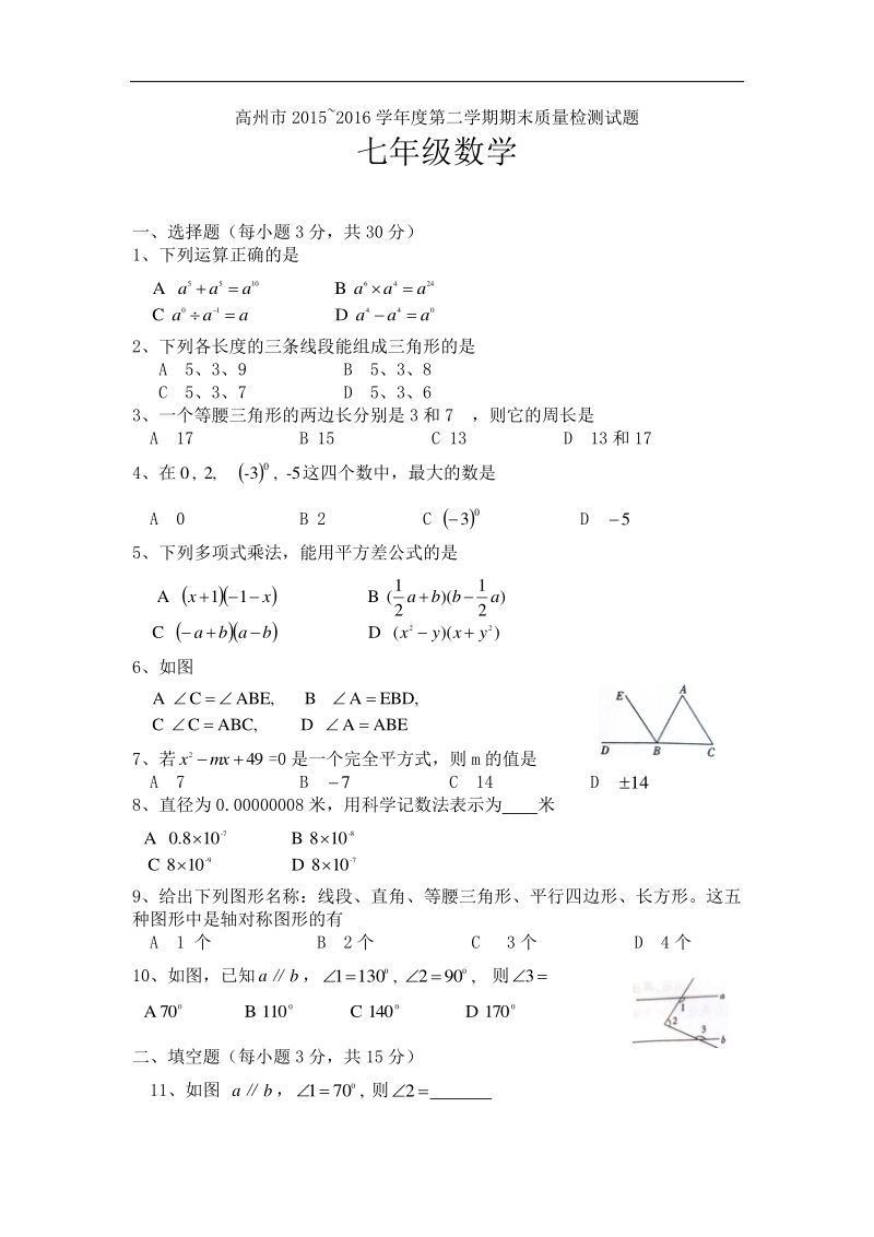 广东省高州市2015-2016年七年级下学期期末考试数学试题（word版，无答案）.doc_第1页