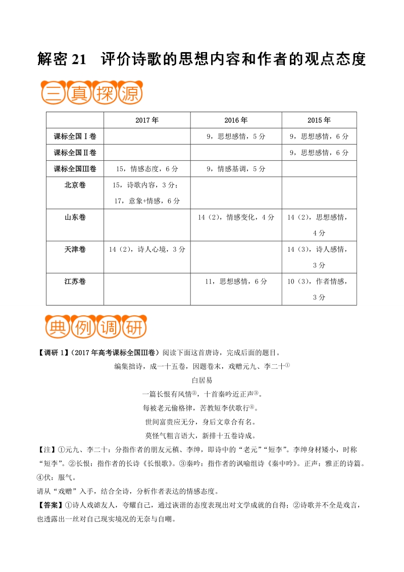 冲刺2018年高考语文黄金考点解析 解密21 评价诗歌的思想内容和作者的观点态度 word版含解析.doc_第1页