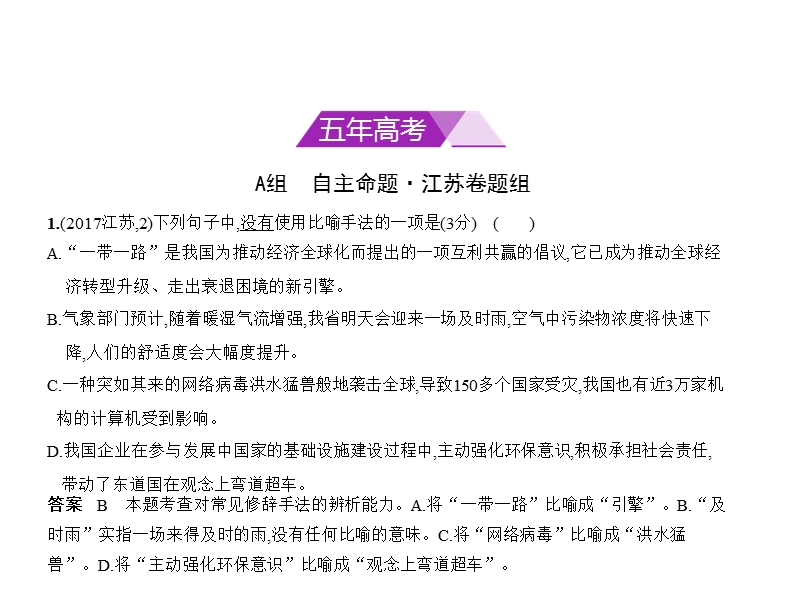 2018年高考语文（江苏省专用）复习专题课件（命题规律探究 题组分层精练）专题四　正确运用常见的修辞手法和选用、仿用、变换句式 （共69张ppt）.ppt_第2页