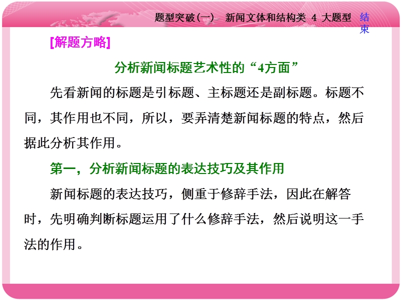 2018届高三语文高考总复习课件：专题十一 实用类文本阅读（一） 新闻 题型突破（一）　新闻文体和结构类 4 大题型.ppt_第3页