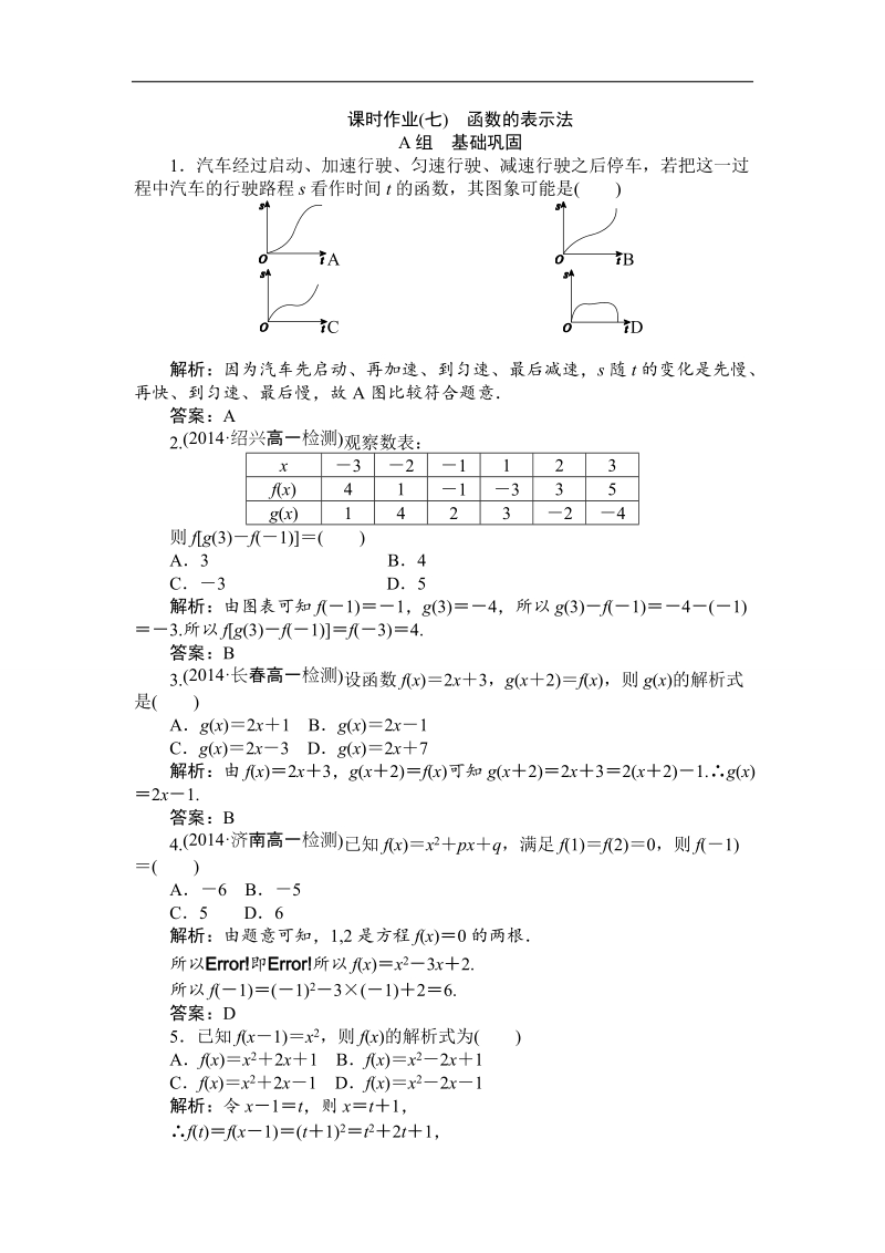 【师说】高一人教a版数学必修一练习：课时作业（七）函数的表示法 word版含答案.doc_第1页