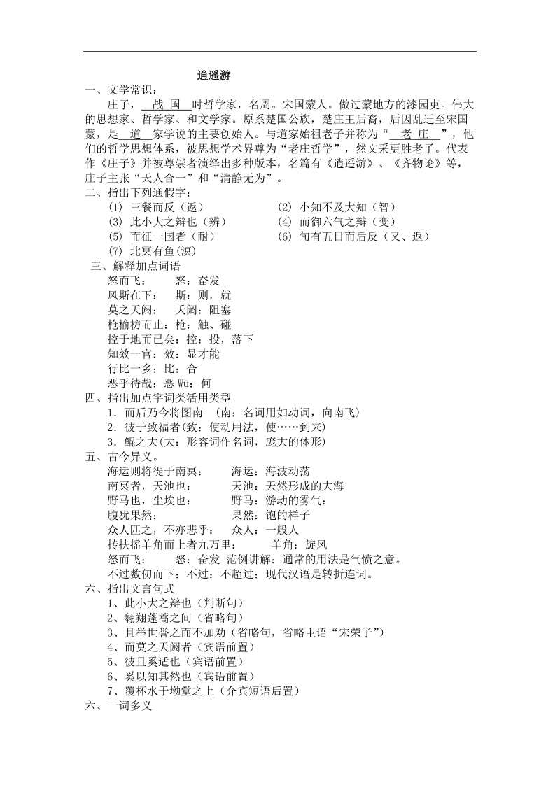 吉林省吉林市第一中学校人教新课标高中语文文言文基础知识复习逍遥游.doc_第1页