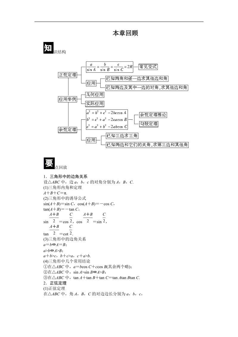 【课堂设计】高中数学 学案（人教a版必修5） 第一章 解三角形 本章回顾.doc_第1页