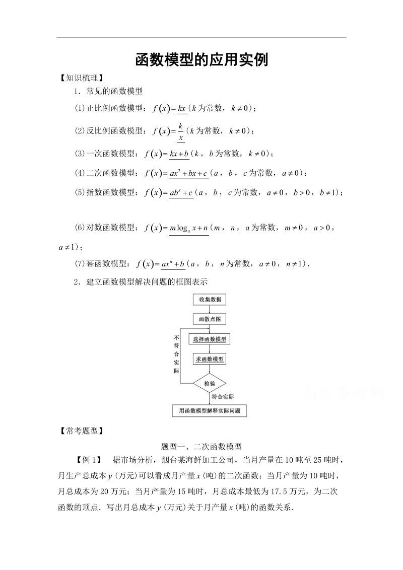 【2016年精品教案推荐】高中数学必修1基本初等函数常考题型：函数模型的应用实例 word版含解析.doc_第1页