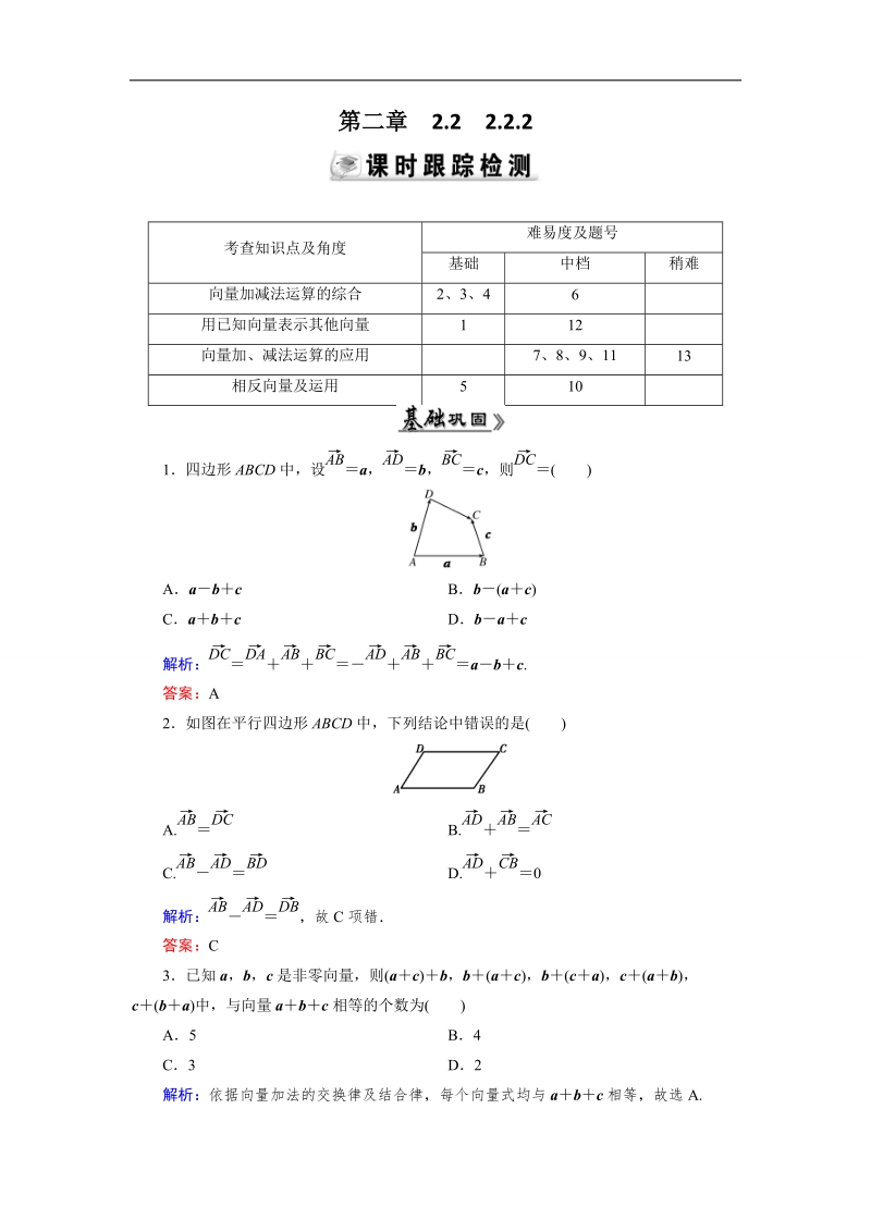 【优化指导】高中数学人教a版必修4练习：2.2.2 检测 向量减法运算及其几何意义 .doc_第1页