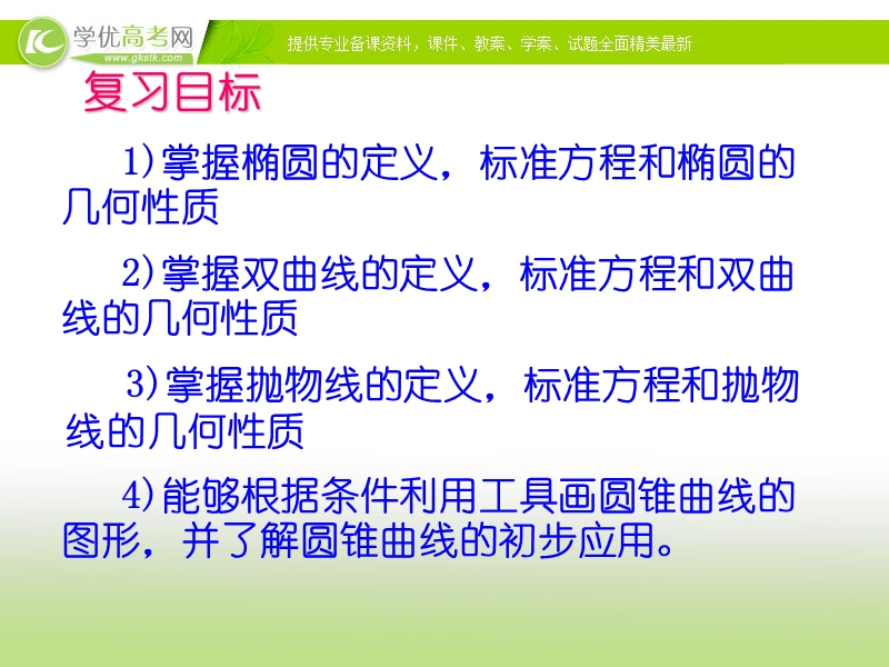 甘肃省高中数学新人教a版选修1-1：第2章 圆锥曲线与方程 2.4《圆锥曲线与方程全章小结》ppt课件.ppt_第2页