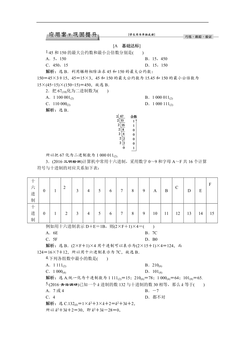 2017高中同步创新课堂数学优化方案（人教a版必修3）练习：第一章1．3算法案例应用案巩固提升.doc_第1页