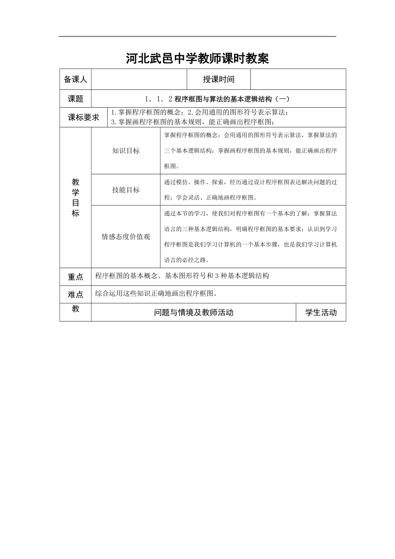 河北省武邑中学高中数学必修三（人教新课标a版）课堂教学设计2.顺序结构与条件分支结构.doc_第1页