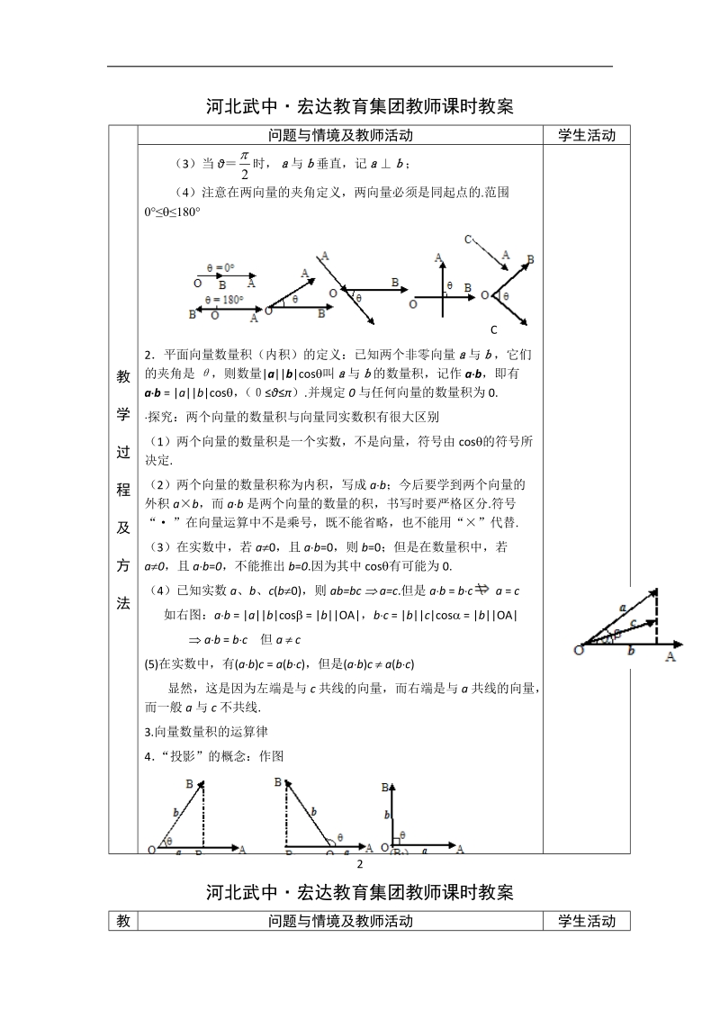 河北省武邑中学高中数学必修四（人教新课标a版）课堂教学设计21 平面向量的数量积的物理背景及其含义.doc_第2页